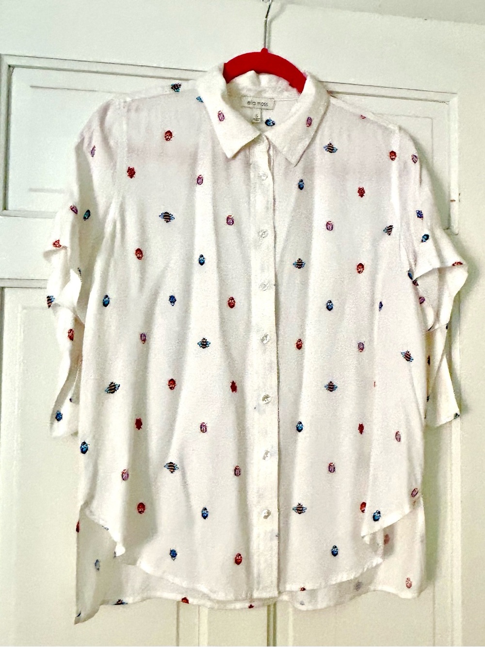 Ella Moss White Button-Down Shirt with Blue Embroidered Bugs